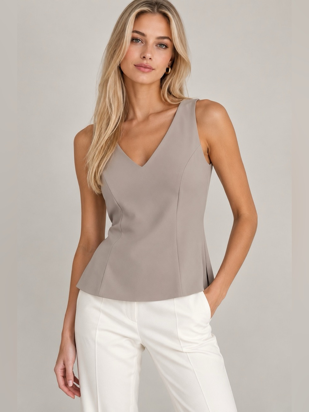 Roman Womenโs Taupe Greige Sleeveless V-Neck Tailored Blouse Top